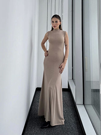 Livizmir Moda Kolsuz Yarım Bogazlı Uzun Elbise- Bej