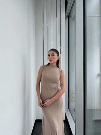 Livizmir Moda Kolsuz Yarım Bogazlı Uzun Elbise- Bej