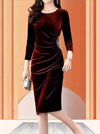 Livizmir Moda Kadın Uzun Kollu Yakası Açık Yanlardan Büzgülü Taş Detaylı Midi Kadife Elbise