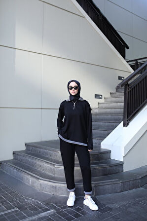 Livizmir Moda Kadın Uzun Kollu Ribana Ve Fermuar Detay Bluz Ve Yüksel Bel Pantolon 2li Takım