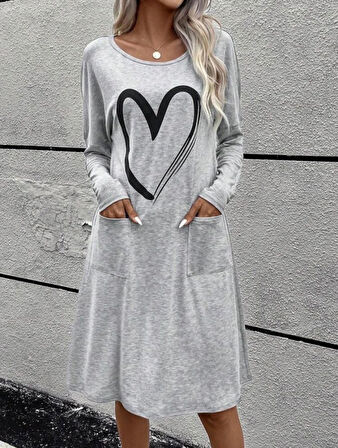 Livizmir Moda Kadın Bisiklet Yaka Kalp Desenli Önden Cepli İki İplik Elbise