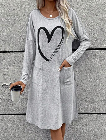 Livizmir Moda Kadın Bisiklet Yaka Kalp Desenli Önden Cepli İki İplik Elbise