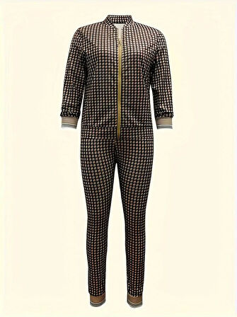 Livizmir Moda Kadın Uzun Kollu önden Fermuarlı Desenli şardonlu Dalgıç Ceket Ve Pantolon Ikili Takım