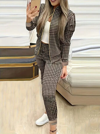 Livizmir Moda Kadın Uzun Kollu önden Fermuarlı Desenli şardonlu Dalgıç Ceket Ve Pantolon Ikili Takım