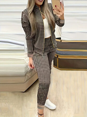 Livizmir Moda Kadın Uzun Kollu önden Fermuarlı Desenli şardonlu Dalgıç Ceket Ve Pantolon Ikili Takım