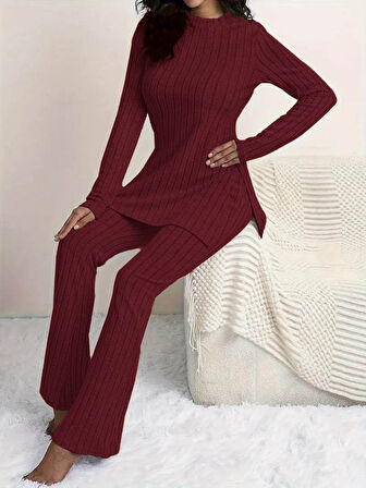 Livizmir Moda Kadın Uzun Kollu Yuvarlak Yaka Yandan Yırtmaç Detaylı şardonlu Kaşkorse Bluz Ve Pantolon Ikili Takım