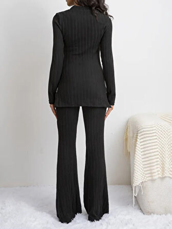 Livizmir Moda Kadın Uzun Kollu Yuvarlak Yaka Yandan Yırtmaç Detaylı şardonlu Kaşkorse Bluz Ve Pantolon Ikili Takım