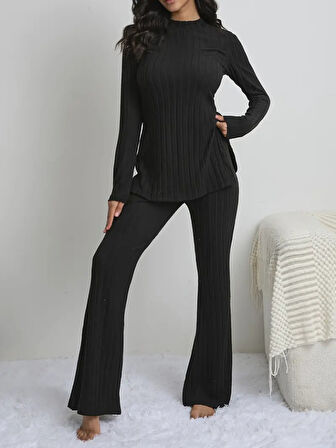 Livizmir Moda Kadın Uzun Kollu Yuvarlak Yaka Yandan Yırtmaç Detaylı şardonlu Kaşkorse Bluz Ve Pantolon Ikili Takım