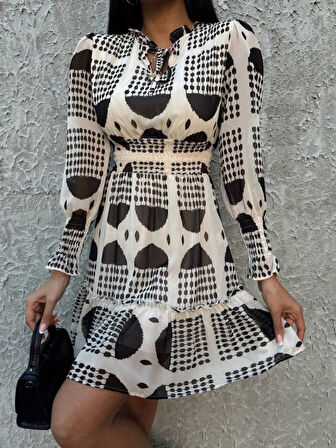 Livizmir Moda Kadın Uzun Kollu Bilek Bel Gipe Detay Etek Ucu Volanlı şifon Elbise