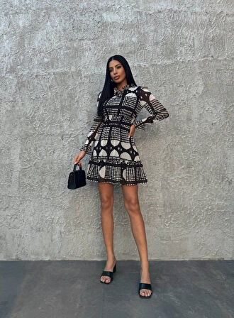 Livizmir Moda Kadın Uzun Kollu Bilek Bel Gipe Detay Etek Ucu Volanlı şifon Elbise