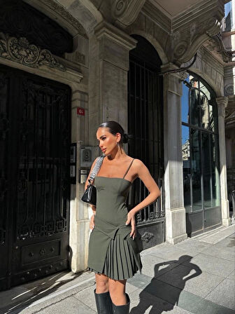 Livizmir Moda İki Parçalı Pileli Askılı Mini Elbise - Haki