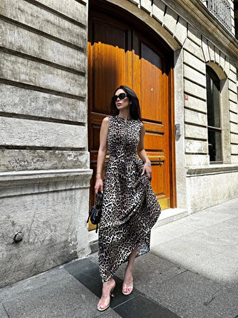 Livizmir Moda Leopar Desenli  Fermuarlı Cepli Pileli Midi Elbise - Leopar