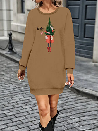 Livizmir Moda Kadın Uzun Kollu Bisiklet Yaka Desenli Kısa Viskon Iki Iplik Elbise