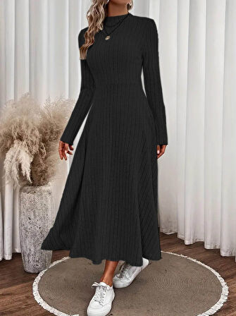 Livizmir Moda Kadın Uzun Kollu Yarı Balıkçı Yaka şardonlu Kaşkorse Uzun Elbise