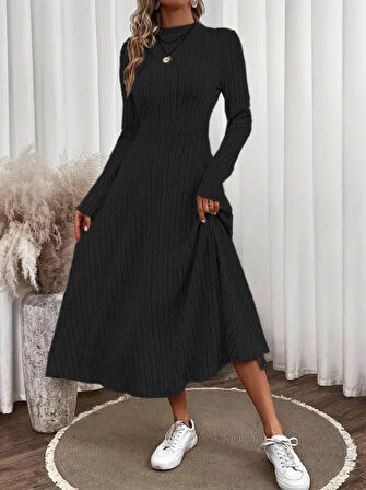 Livizmir Moda Kadın Uzun Kollu Yarı Balıkçı Yaka şardonlu Kaşkorse Uzun Elbise