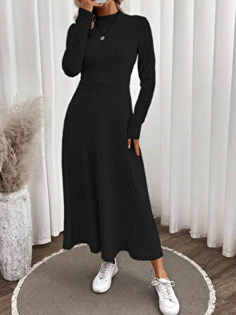 Livizmir Moda Kadın Uzun Kollu Yarı Balıkçı Yaka şardonlu Kaşkorse Uzun Elbise