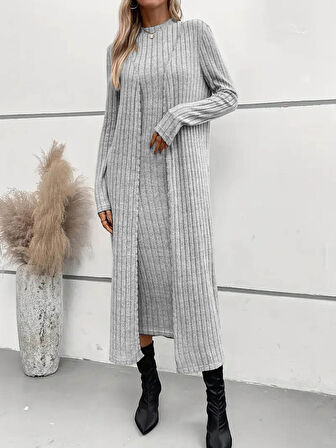 Livizmir Moda Kadın Uzun Kollu Yarı Balıkçı Yaka şardonlu Dalgıç Elbise Ve Uzun Hırka Ikili Takım