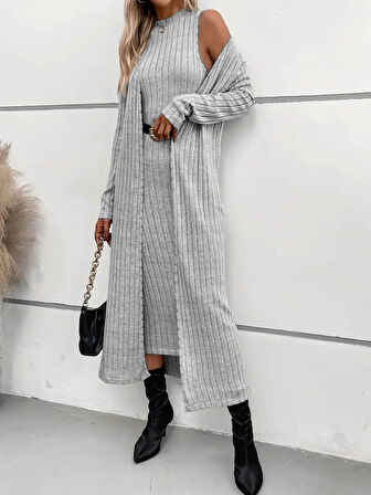 Livizmir Moda Kadın Uzun Kollu Yarı Balıkçı Yaka şardonlu Dalgıç Elbise Ve Uzun Hırka Ikili Takım