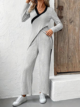 Livizmir Moda Kadın Uzun Kollu V Yakalı çapraz Detaylı şardonlu Kaşkorse Bluz Ve Pantolon Ikili Takım