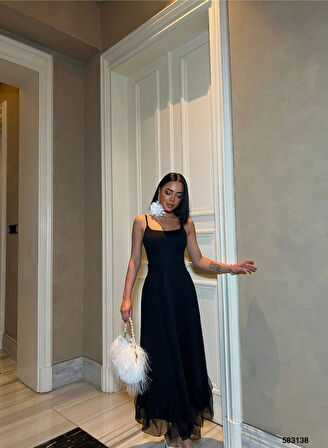 Livizmir Moda Kadın Omuz Askılıeteği Tül Volan Detay Midi Boy Elbise