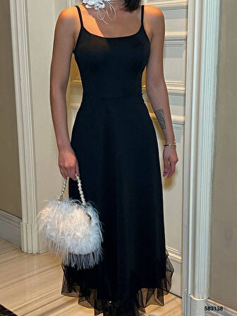 Livizmir Moda Kadın Omuz Askılıeteği Tül Volan Detay Midi Boy Elbise