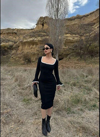 Livizmir Moda Kadın Ispanyol Kol Detay Kare Yaka Ribanalı Midi Boy Elbise