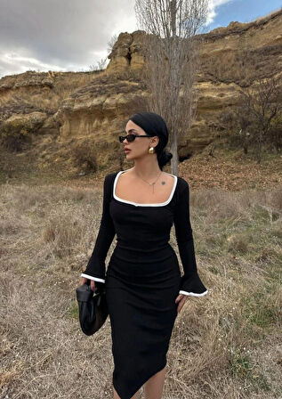 Livizmir Moda Kadın Ispanyol Kol Detay Kare Yaka Ribanalı Midi Boy Elbise