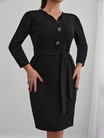 Livizmir Moda Kadın Uzun Kollu Düğme Detaylı Kendinden Kemerli Ithal Krep Elbise