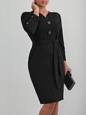 Livizmir Moda Kadın Uzun Kollu Düğme Detaylı Kendinden Kemerli Ithal Krep Elbise