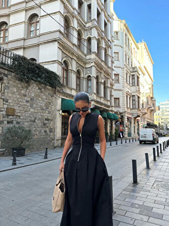 Livizmir Moda Dik Yuvarlak Yaka Önden Fermuarlı Sifir Kol Beli Oturtmalı Kolsuz Cepli Çan Etekli Uzu