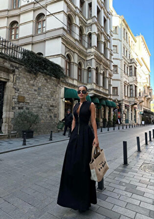 Livizmir Moda Dik Yuvarlak Yaka Önden Fermuarlı Sifir Kol Beli Oturtmalı Kolsuz Cepli Çan Etekli Uzu