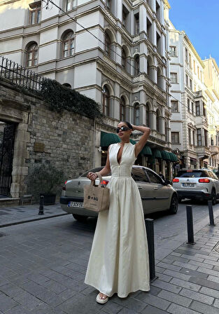 Livizmir Moda Dik Yuvarlak Yaka Önden Fermuarlı Sifir Kol Beli Oturtmalı Kolsuz Cepli Çan Etekli Uzu