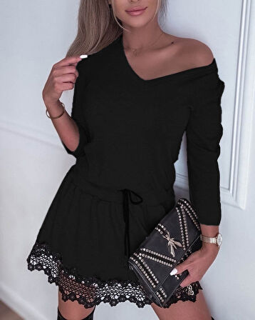 Livizmir Moda Kadın Uzun Kollu V Yakalı Belden Bağcıklı Etek Ucu Dantelli Kısa Viskon Iki Iplik Elbise