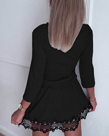 Livizmir Moda Kadın Uzun Kollu V Yakalı Belden Bağcıklı Etek Ucu Dantelli Kısa Viskon Iki Iplik Elbise