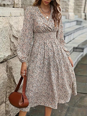Livizmir Moda Kadın Uzun Kollu Kruvaze Yaka Beli Lastikli Kiloş Desenli Midi Süprem Elbise