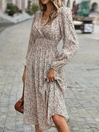 Livizmir Moda Kadın Uzun Kollu Kruvaze Yaka Beli Lastikli Kiloş Desenli Midi Süprem Elbise