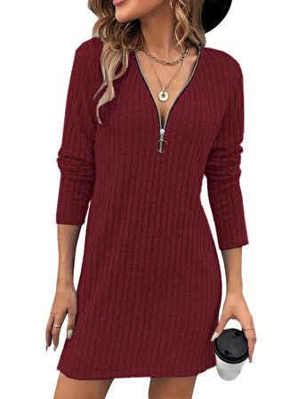 Livizmir Moda Kadın Uzun Kollu Yakadan Fermuarlı Kısa şardonlu Kaşkorse Elbise