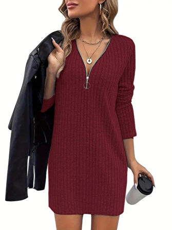 Livizmir Moda Kadın Uzun Kollu Yakadan Fermuarlı Kısa şardonlu Kaşkorse Elbise