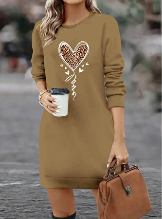 Livizmir Moda Kadın Uzun Kollu Bisiklet Yaka Kalp Desenli Kısa Viskon Elbise