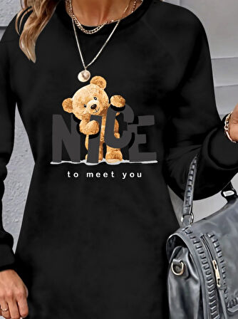 Livizmir Moda Kadın Uzun Kollu Bisiklet Yaka Ayı Desenli Viskon Iki Iplik Elbise