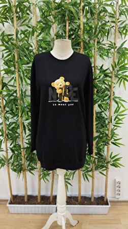 Livizmir Moda Kadın Uzun Kollu Bisiklet Yaka Ayı Desenli Viskon Iki Iplik Elbise