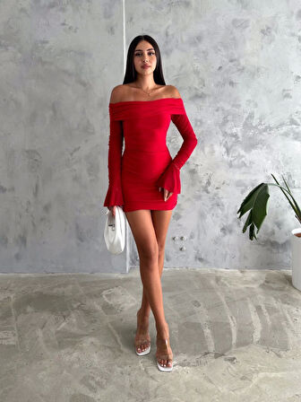 Livizmir Moda Fels Drapeli Açik Omuz Kol Tül Elbise - Kırmızı