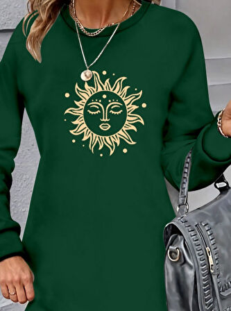 Livizmir Moda Kadın Uzun Kollu Bisiklet Yaka Güneş Desenli Viskon Iki Iplik Elbise