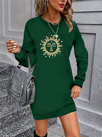 Livizmir Moda Kadın Uzun Kollu Bisiklet Yaka Güneş Desenli Viskon Iki Iplik Elbise