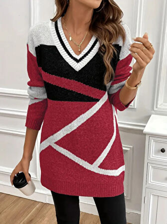 Livizmir Moda Kadın Uzun Kollu V Yakalı Kısa Triko Elbise