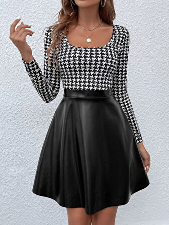 Livizmir Moda Kadın Uzun Kollu Kare Yakalı üst şardonlu Dalgıç Alt Deri Kısa Elbise