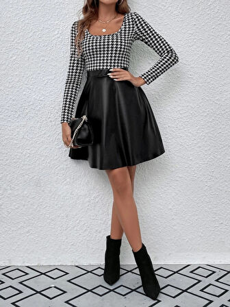 Livizmir Moda Kadın Uzun Kollu Kare Yakalı üst şardonlu Dalgıç Alt Deri Kısa Elbise