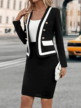 Livizmir Moda Kadın Uzun Kollu önden Düğmeli Atlas Ceket Ve Yüksek Bel Kısa Etek Ikili Takım