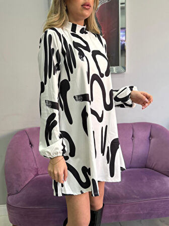 Livizmir Moda Kadın Uzun Kollu Yarı Balıkçı Yaka Desenli Kısa Dalgıç Elbise