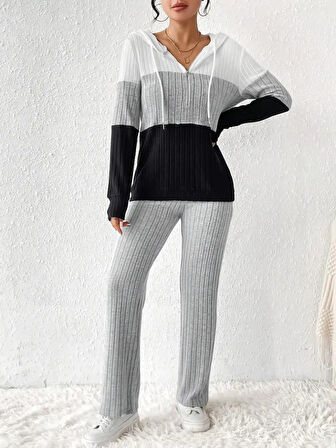 Livizmir Moda Kadın Uzun Kollu Kapşonlu Bağcıklı Blok Renkli şardonlu Kaşkorse Bluz Ve Pantolon Ikili Takım